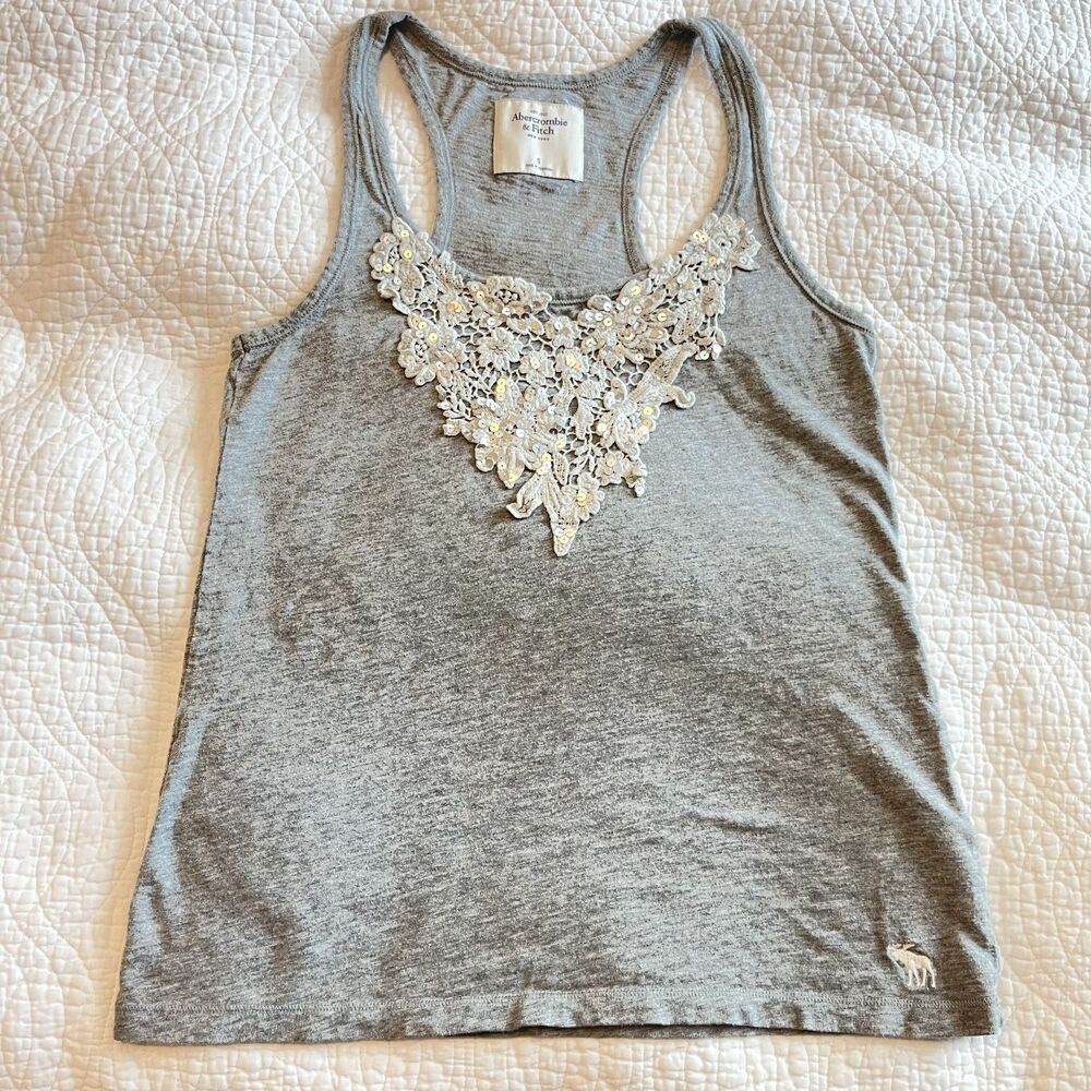 Abercrombie & Fitch Y2K Embellished Tank Top Gray Small Sequin Lace Summer Boho